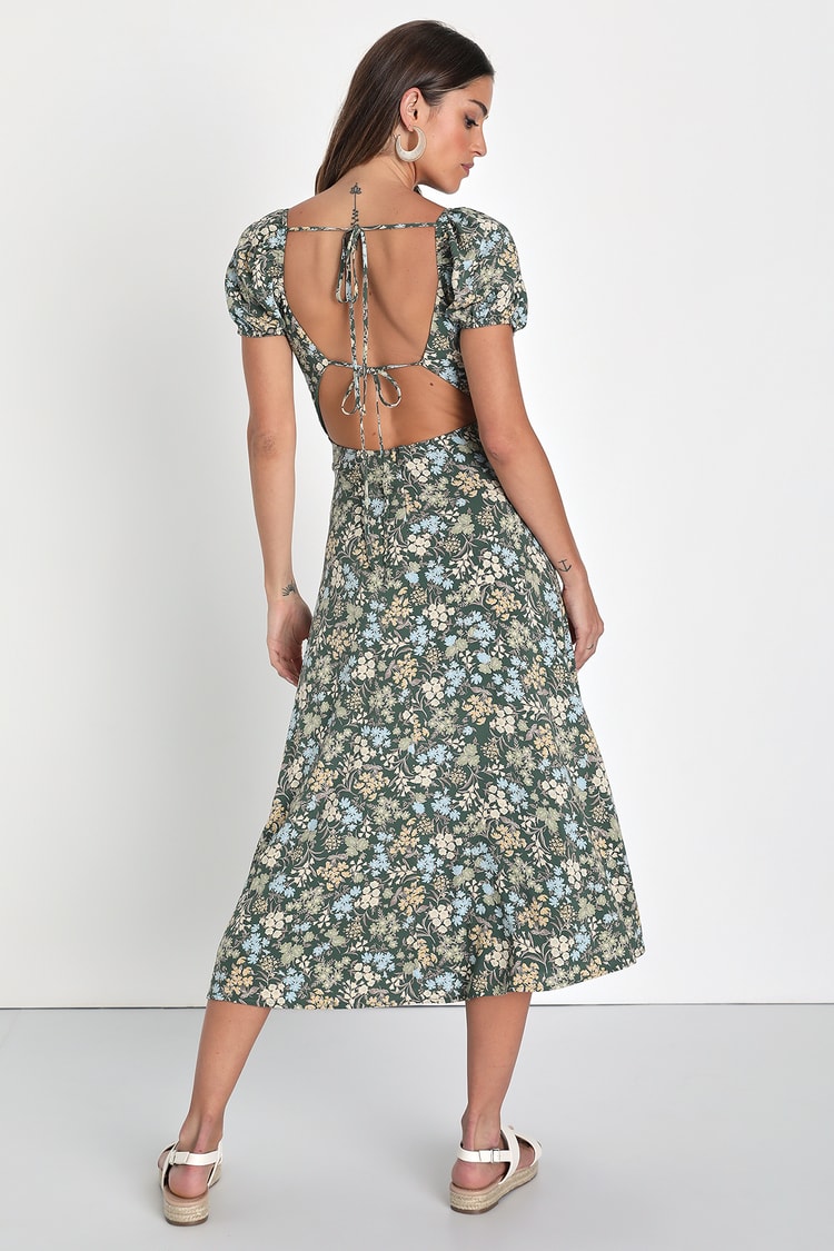 Meadow Muse Green Floral Tie-Back Puff Sleeve Midi Dress