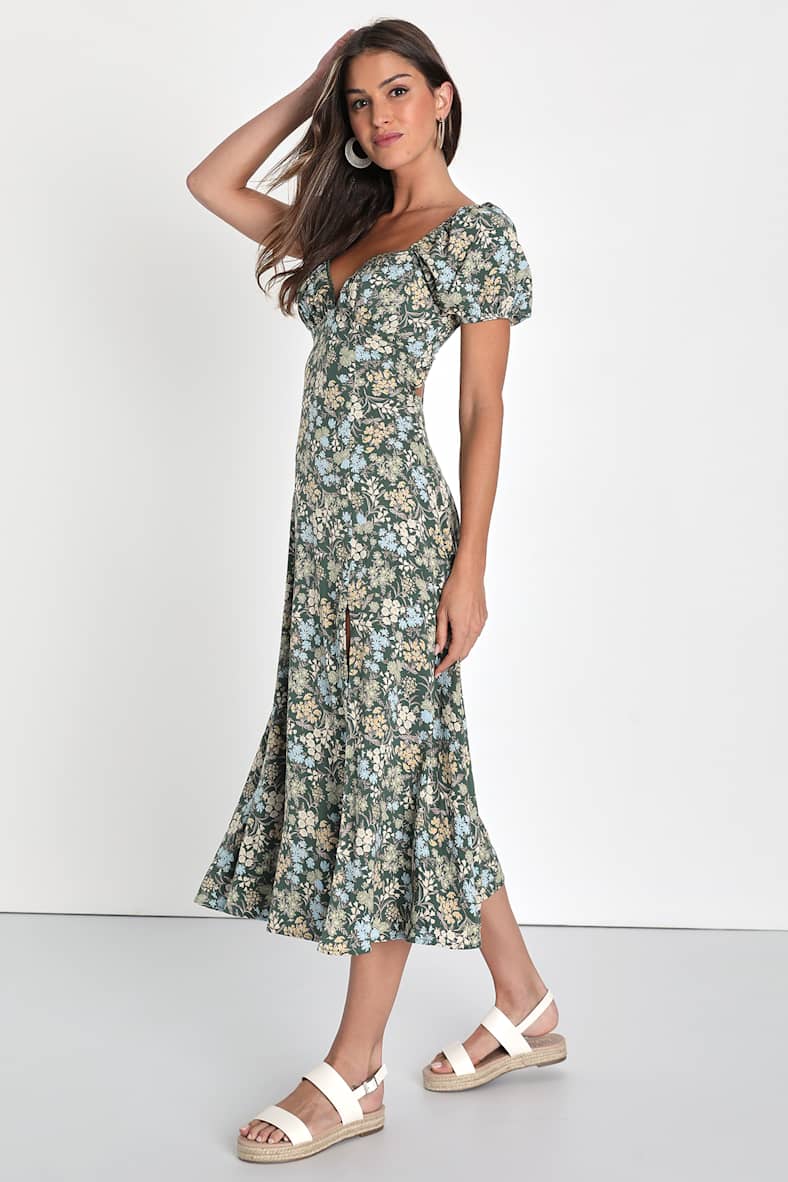 Meadow Muse Green Floral Tie-Back Puff Sleeve Midi Dress