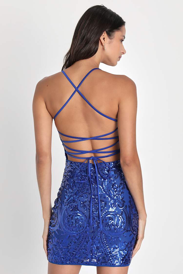 Cobalt Blue Sequin Dress - Lace-Up Mini Dress - Bodycon Dress - Lulus