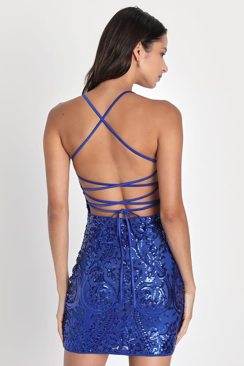 Cobalt Blue Luxe Lace Detail Pencil Dress