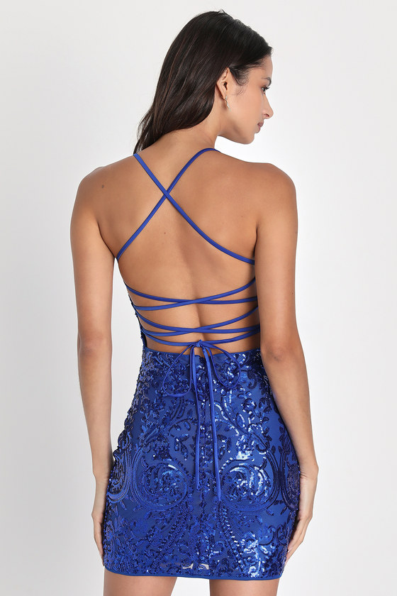 Cobalt Blue Sequin Dress - Lace-Up Mini Dress - Bodycon Dress - Lulus
