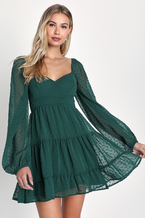 Emerald Swiss Dot Dress - Puff Sleeves Dress - Tiered Mini Dress - Lulus