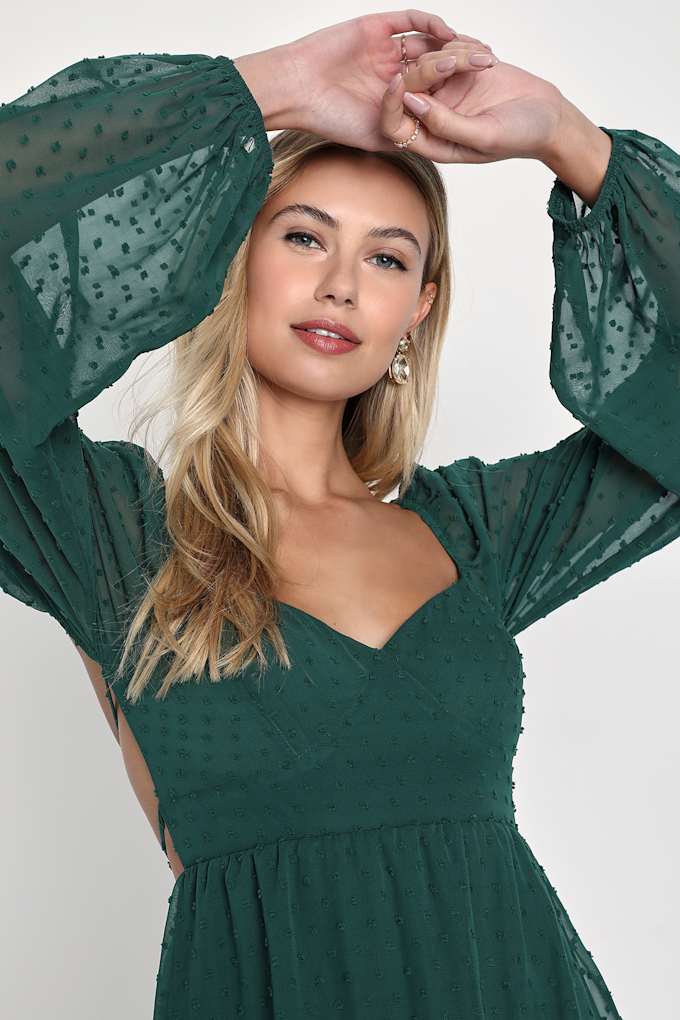 Longing And Love Emerald Swiss Dot Puff Long Sleeve Mini Dress