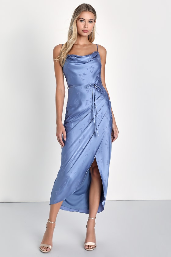 Periwinkle Satin Dress - Jacquard Midi Dress - Cowl Satin Dress - Lulus