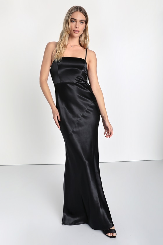 Lulus Endlessly Intriguing Black Satin Backless Maxi Dress