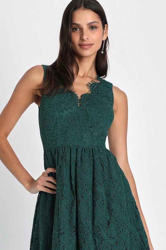 Love Swept Emerald Green Lace Midi Skater Dress With Pockets