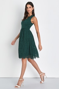 Love Swept Emerald Green Lace Midi Skater Dress With Pockets