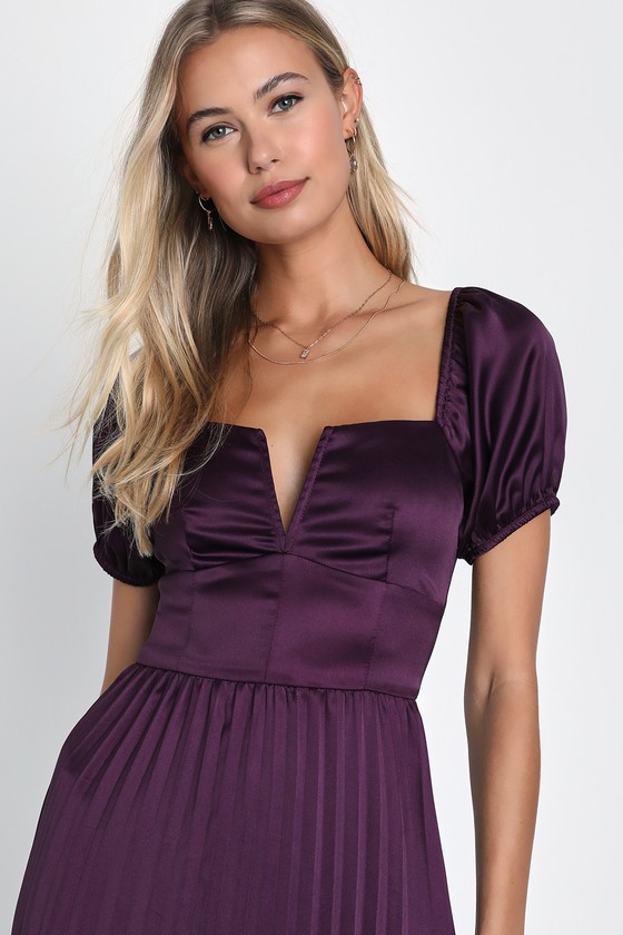 Dark Purple Dress - Satin Midi Dress - Purple Pleated Midi Dress - Lulus