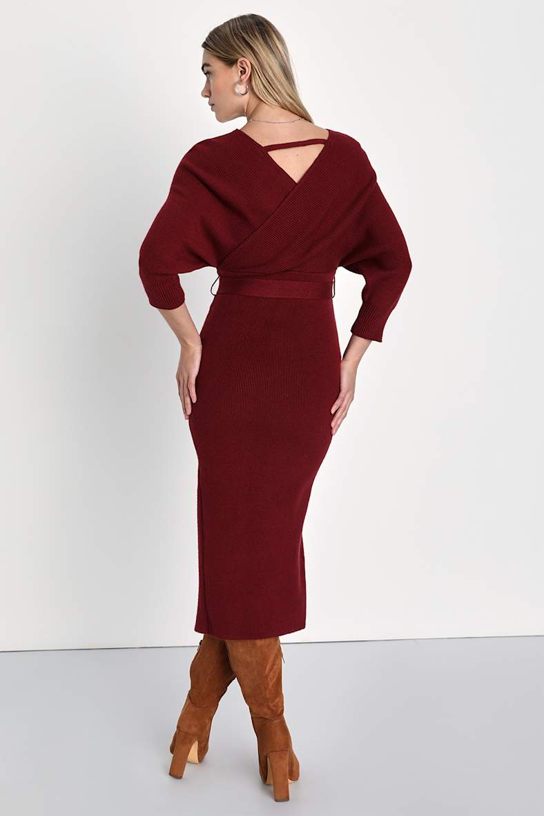 Fall into Fashion Burgundy Dolman Sleeve Sweater Midi Dress