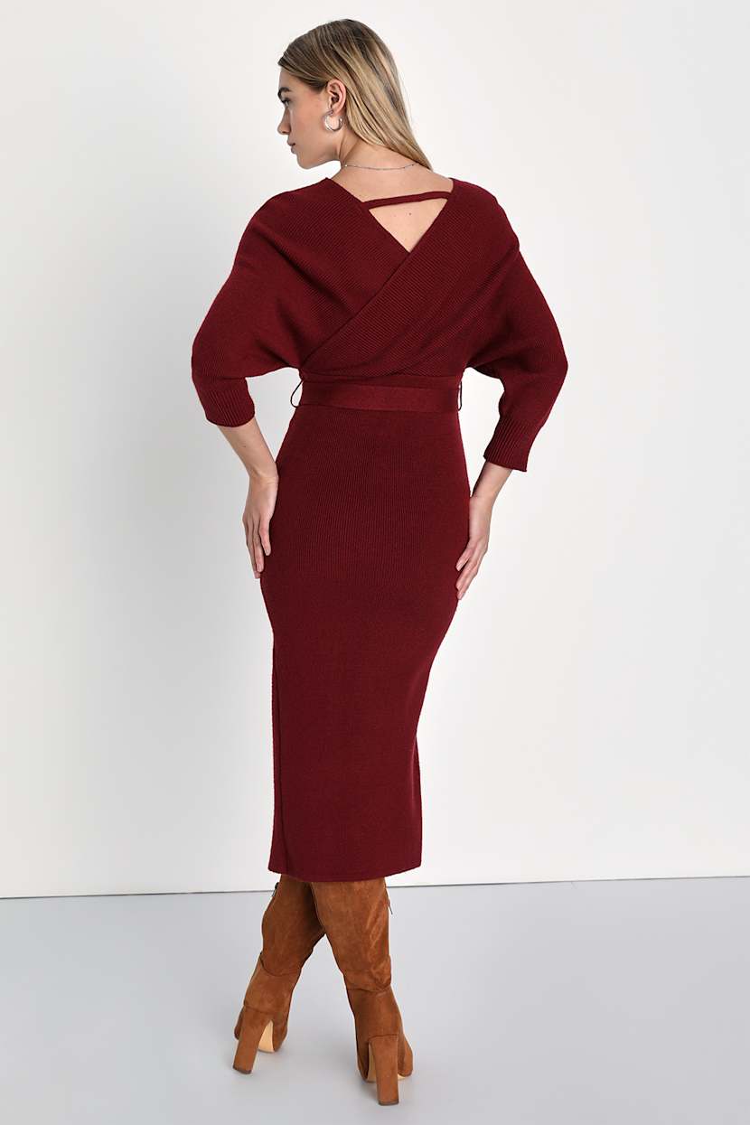 burgundy midi sweater dress Women's Toasty Thoughts Burgundy Red Knit Turtleneck Sweater Midi Dress | Size: S