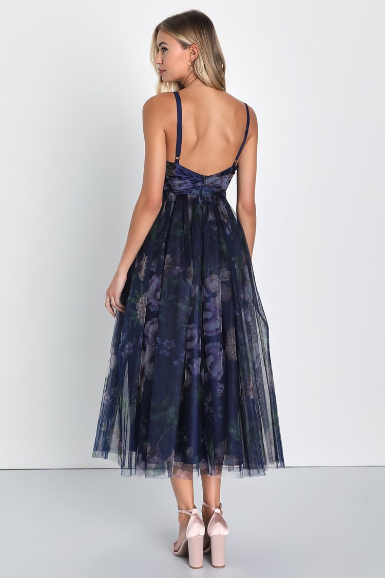 Elaborate Elegance Navy Floral Print Tulle Pleated Midi Dress