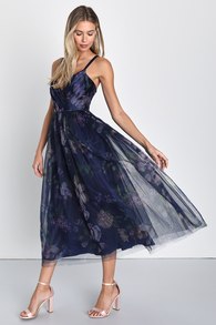 Elaborate Elegance Navy Floral Print Tulle Pleated Midi Dress