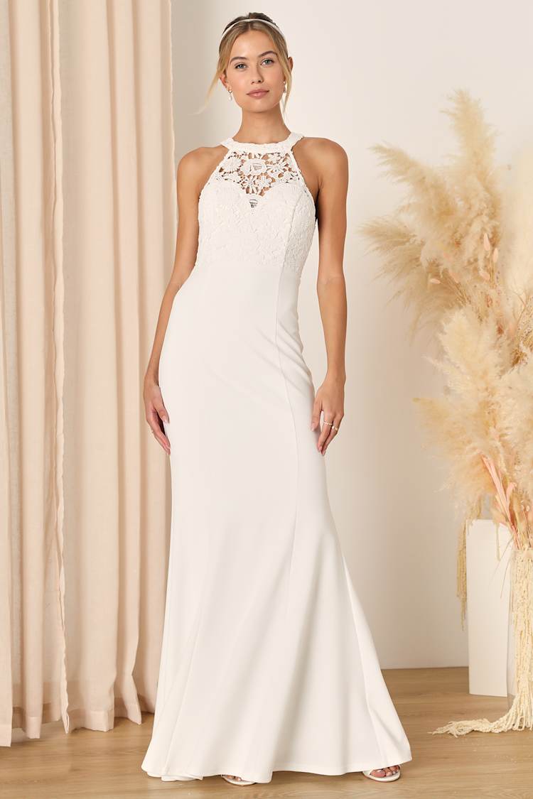 slim fit dress slacks Novalie White Lace Halter Maxi Dress