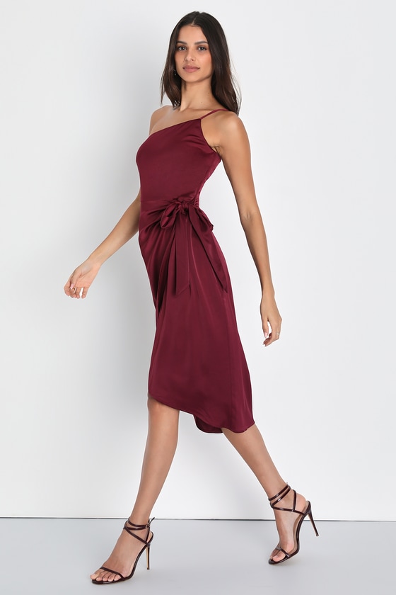 Wine Red Dress - One-Shoulder Midi Dress - Asymmetrical Dress - Lulus