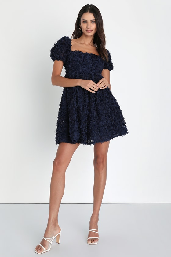 Lulus Precious Passion Navy Blue Floral Puff Sleeve Babydoll Dress
