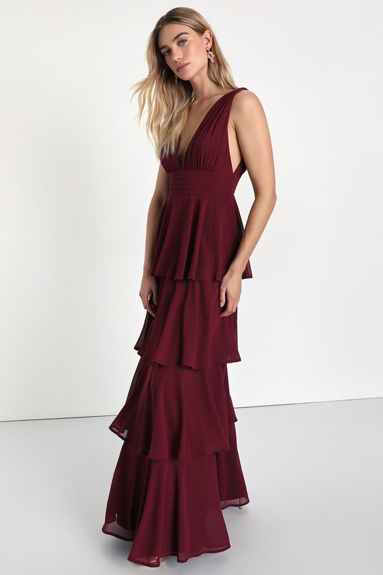 Burgundy Dress Tiered Maxi Dress V Neck Maxi Dress Lulus