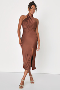 Beyond Classy Brown Satin Halter Midi Dress 1