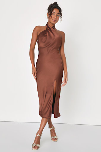 Beyond Classy Brown Satin Halter Midi Dress 1