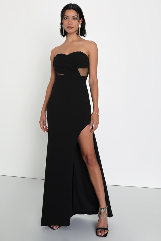 Black Pleated Maxi Dress - Strapless Mesh Dress - Bustier Maxi - Lulus
