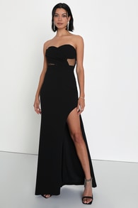 Sultry Glances Black Pleated Strapless Bustier Maxi Dress