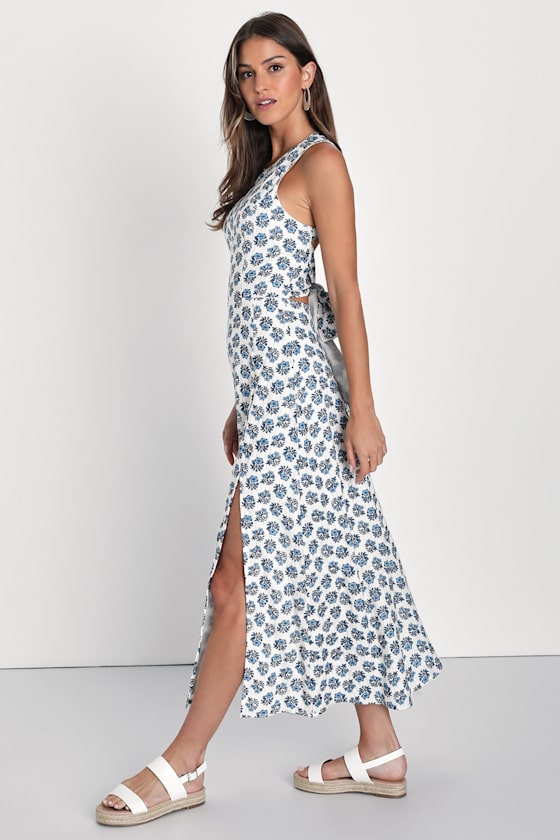 Ivory Floral Print Dress - Slit Midi Dress - Backless Dress - Image 3