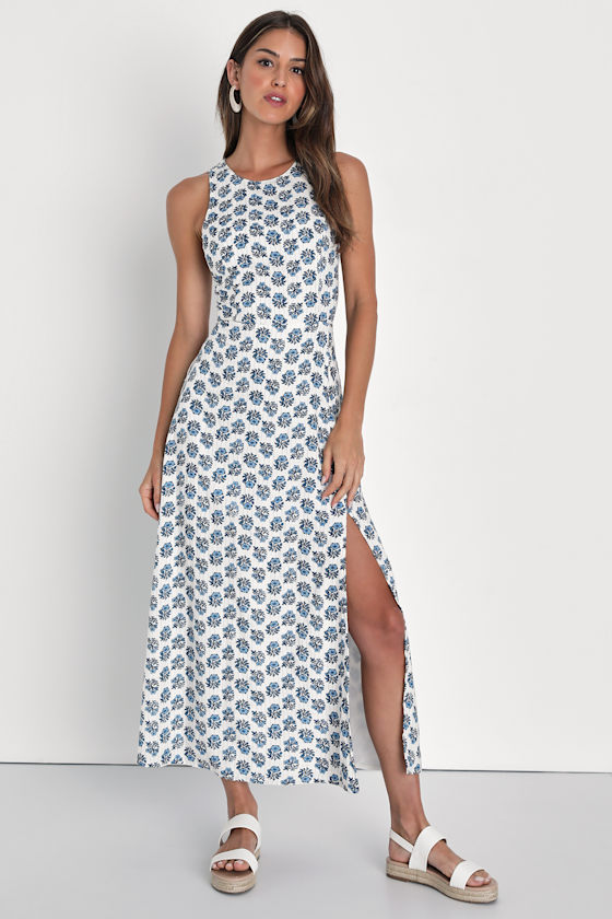 Ivory Floral Print Dress - Slit Midi Dress - Backless Dress - Image 4