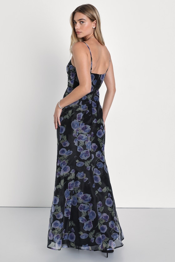 Lulus Famous Charm Black Floral Organza Pleated Mermaid Maxi Dress