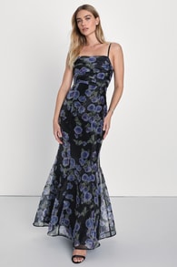 Famous Charm Black Floral Organza Pleated Mermaid Maxi Dress
