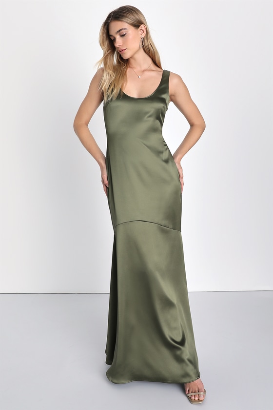 Lulus Enchanting Sophistication Olive Green Satin Mermaid Maxi Dress