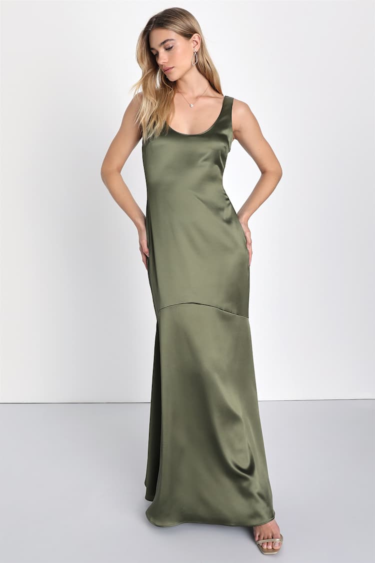 slim fit dress slacks Green Olive Satin Bridesmaid Dress Mermaid Floor-Length main image 0