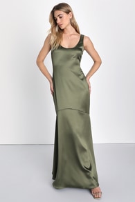 Enchanting Sophistication Olive Green Satin Mermaid Maxi Dress