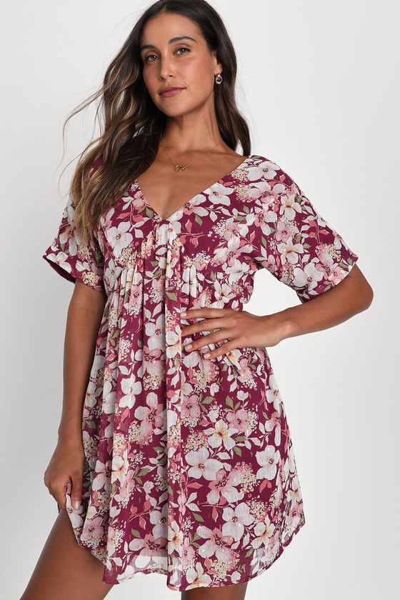 Red Floral Print Dress - Clip Dot Dress - Babydoll Mini Dress - Lulus