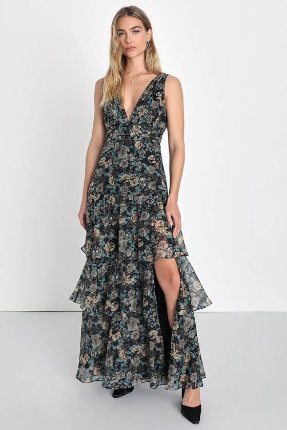 Lulus Sweeping Sensation Black Floral Print Organza Pleated Maxi Dress