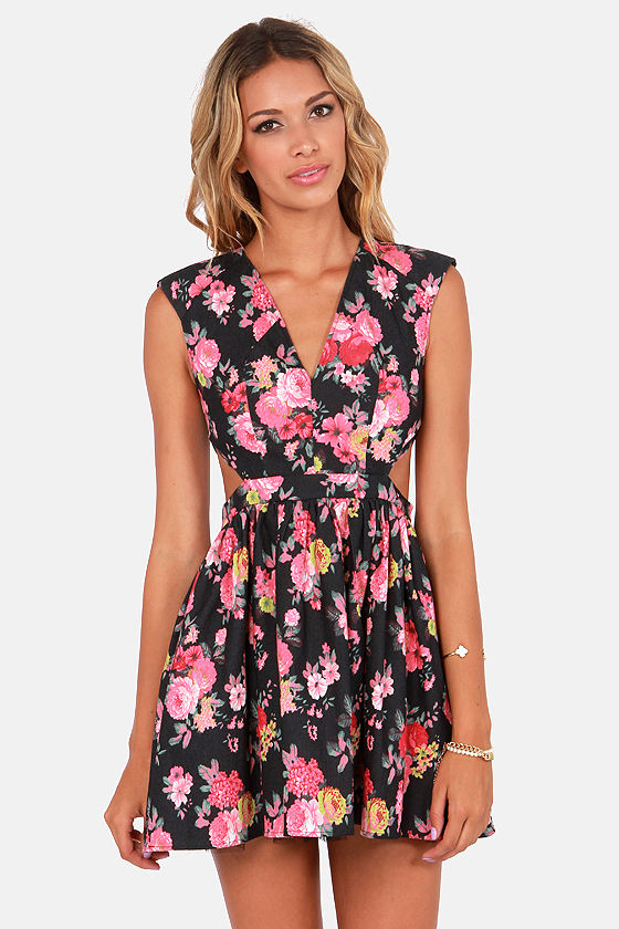 Cute Black Floral Print Dress - Cutout Dress - Lulus