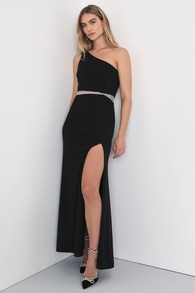 Glittering Essence Black Rhinestone One-Shoulder Maxi Dress