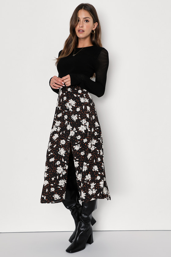 Lulus Always Praiseworthy Black Floral Print Midi Skirt