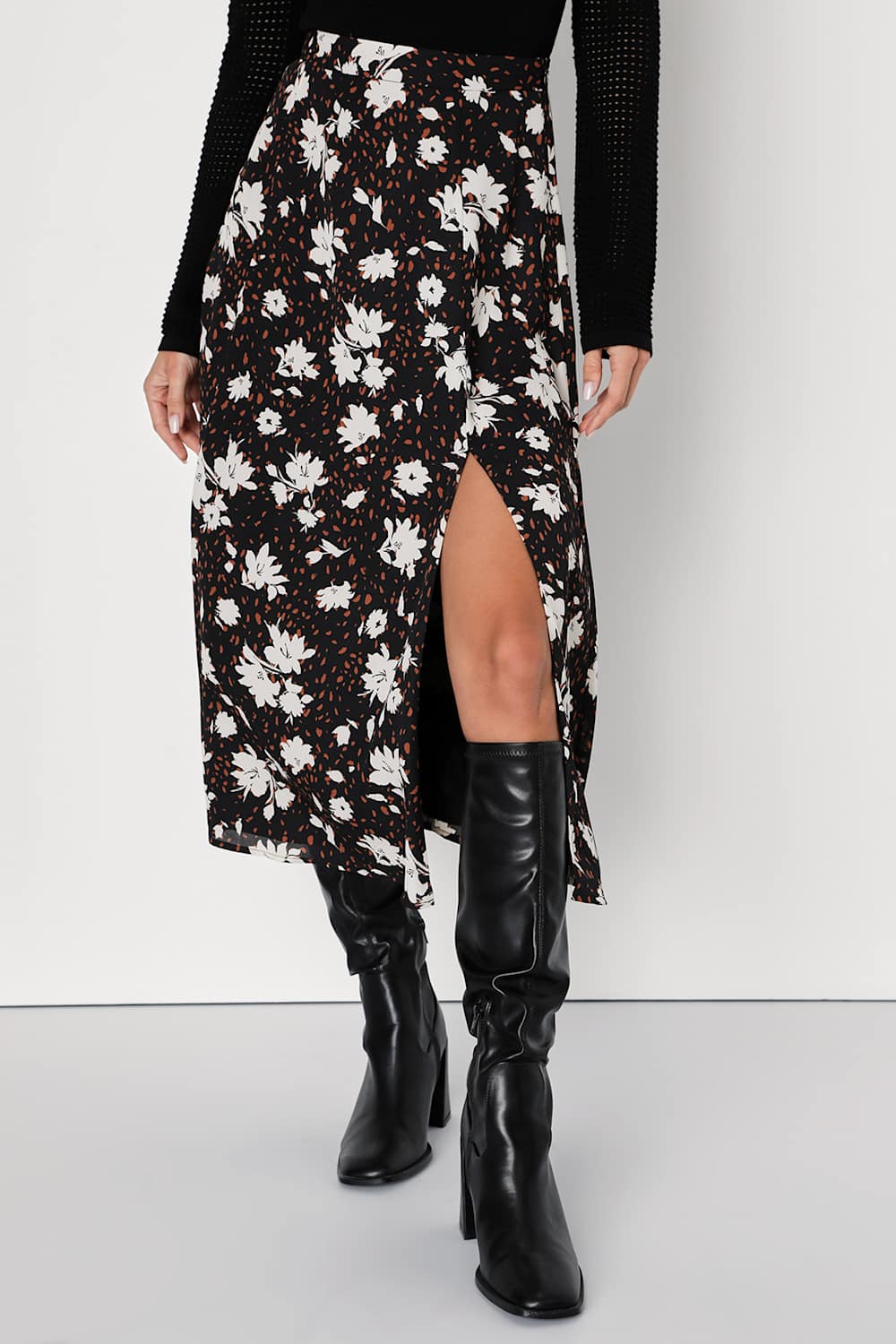 Always Praiseworthy Black Floral Print Midi Skirt