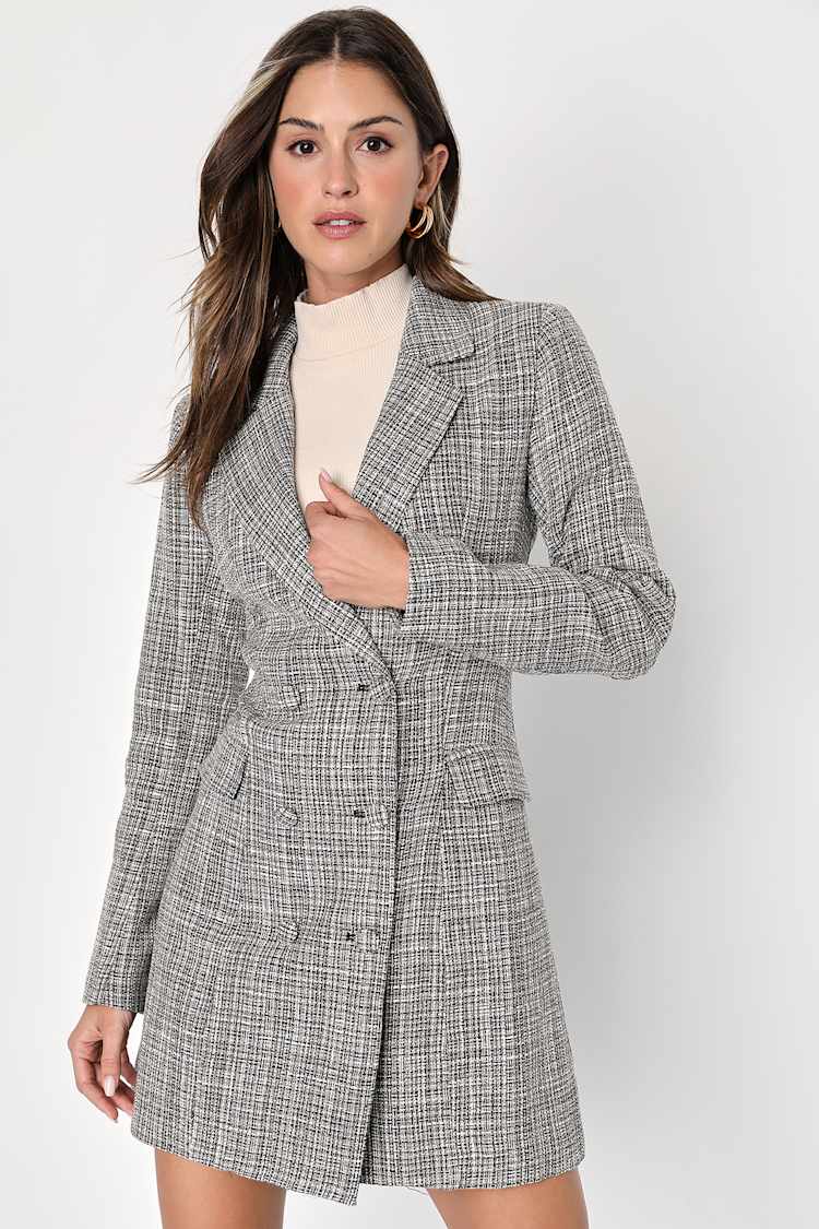 Grey Tweed Dress - Double-Breasted Dress - Long Sleeve Mini Dress - Lulus