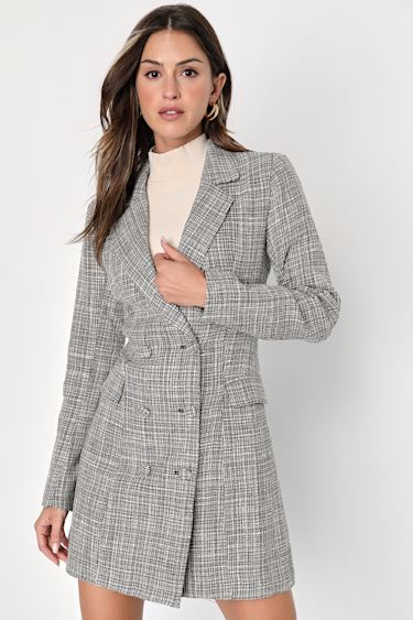 Deluxe Desire Grey Tweed Long Sleeve Blazer Mini Dress