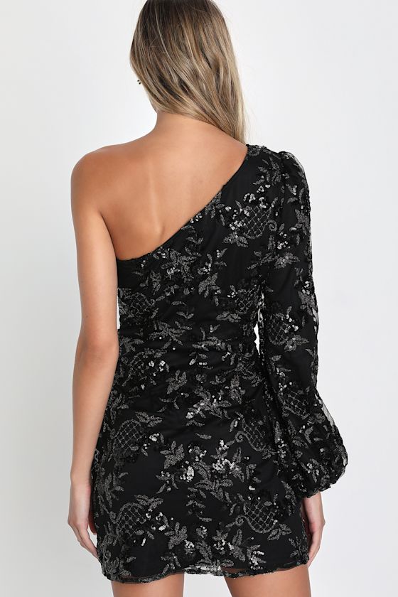 15147 Black-Ecru One Shoulder Shimmer Dress main image 1