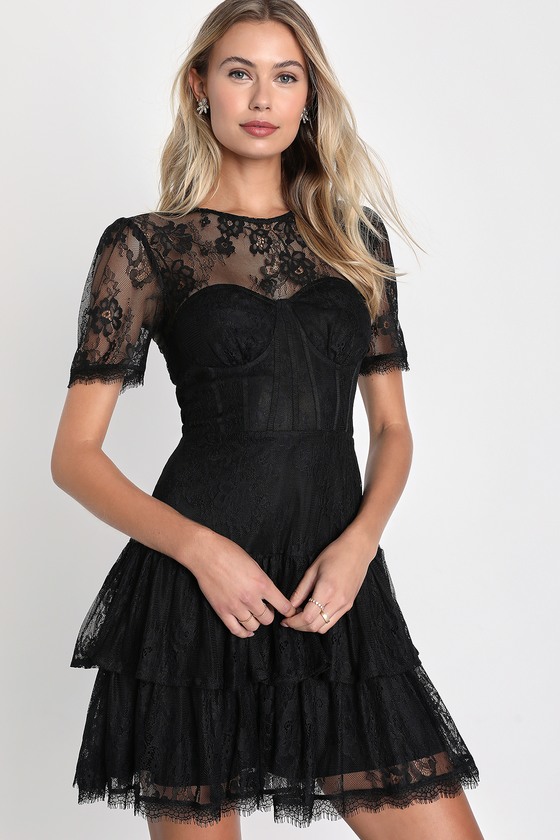 Black Lace Dress - Short Sleeve Dress - Tiered Bustier Midi Dress - Lulus