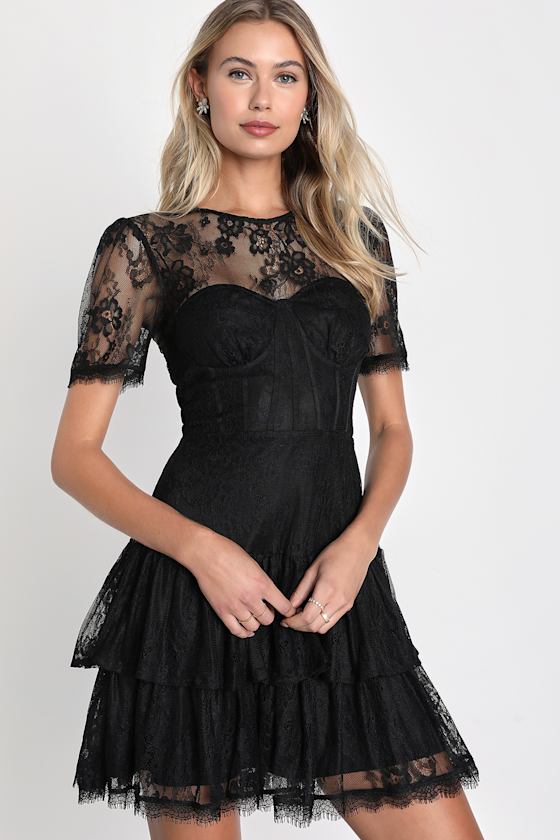 Lace Short Sleeve Tiered Midi Dress