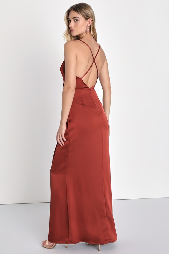 Rust Orange Gown - Satin Gown - Surplice Gown - Tulip Maxi