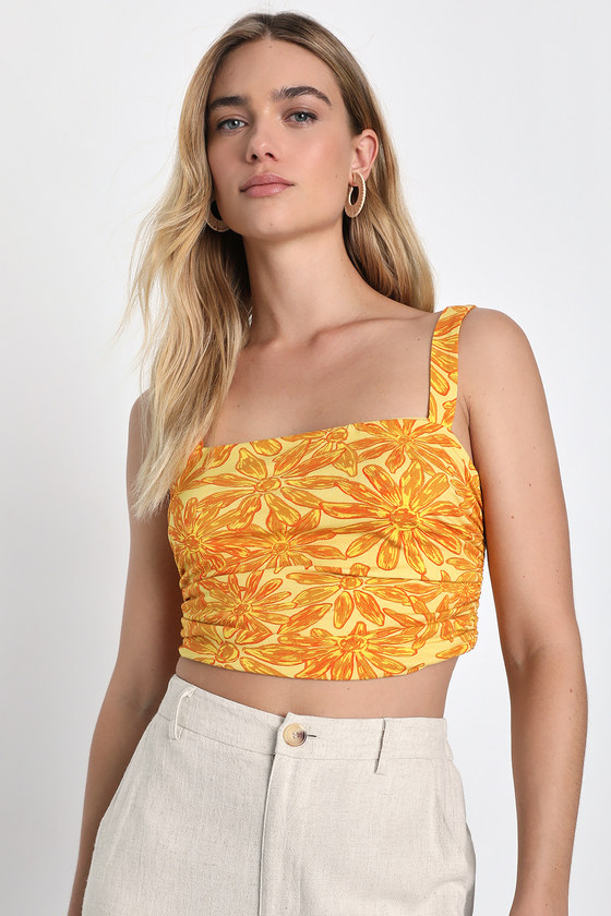 FREE PEOPLE ALL TIED UP YELLOW FLORAL PRINT CROPPED TIE-BACK TANK TOP