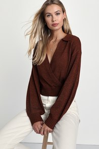 Cute Energy Chocolate Brown Collared Surplice Sweater Top