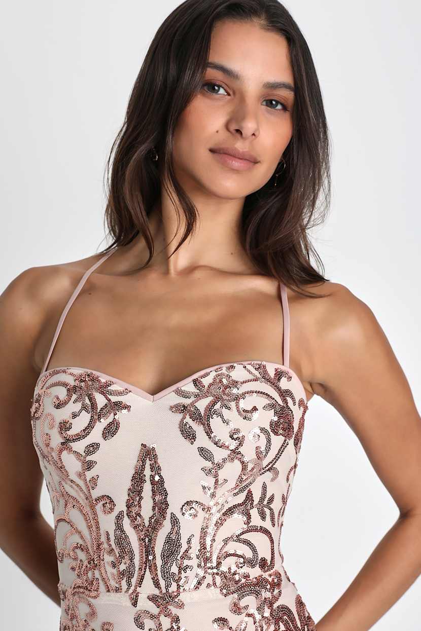 rose gold sheer strappy panel sequin bodycon dress Dance Fever Strappy Back Sequin Mini Dress Rose Gold