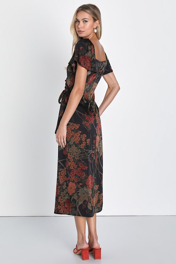 Black Floral Print Dress - Faux Wrap Dress - Cute Midi Dress - Image 3