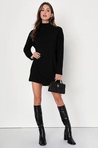 Positively Charming Black Turtleneck Mini Sweater Dress