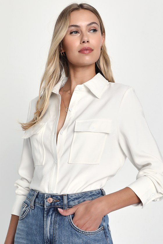 Ivory Long Sleeve Top - Button-Up Top - Simple Collared Top - Lulus