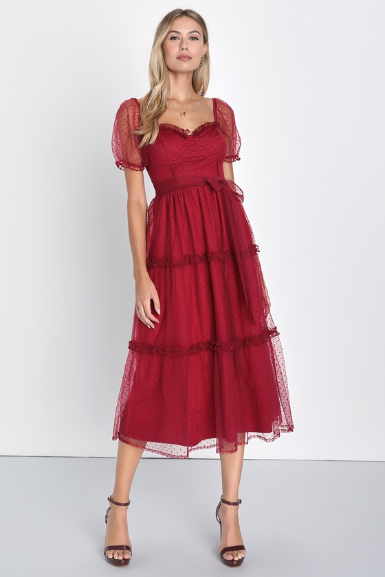 Magnetic Presence Wine Red Swiss Dot Puff Sleeve Midi Dress